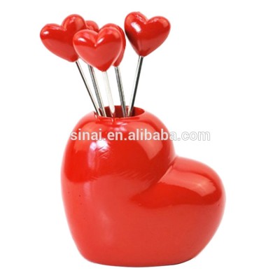 Red Tableware Mini Steel Love Heart Design Pick Fruit  Forks with Holder